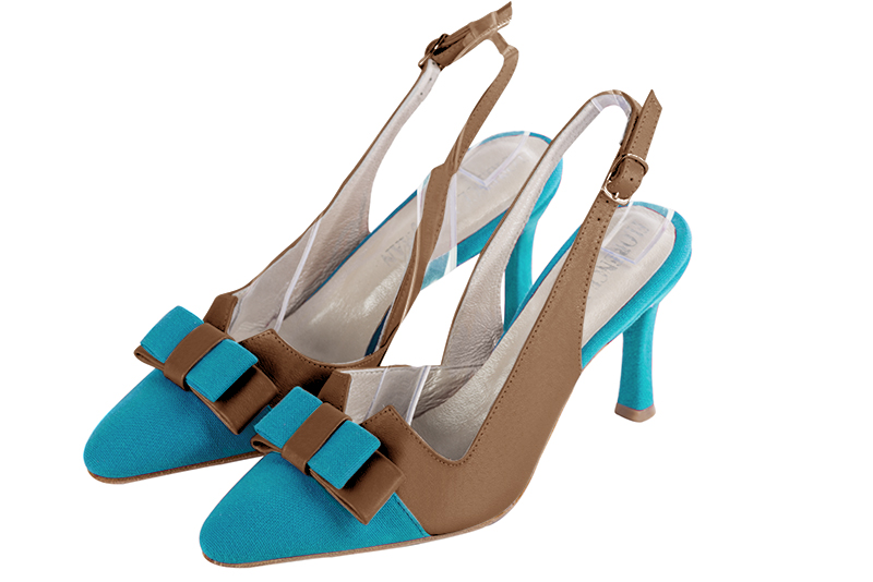 Turquoise blue and caramel brown women's open back shoes, with a knot. Tapered toe. High slim heel. Front view - Florence KOOIJMAN